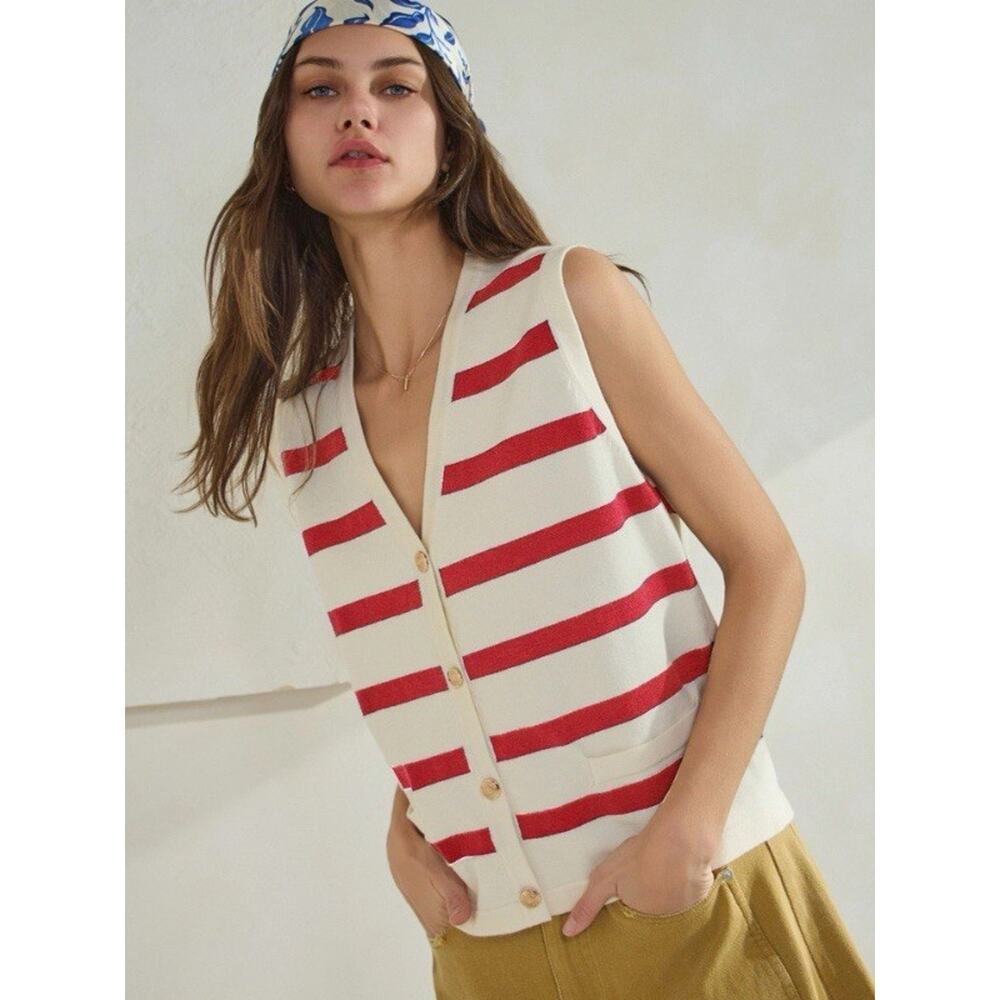 Striped Red & Cream Sleeveless Button-Front Cardigan Vest